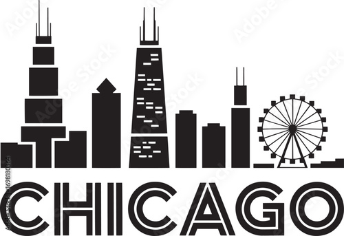 Chicago Cityscape Silhouette Vector Illustration with Ferris Wheel and Architecture