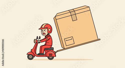 A funny vector illustration of a delivery worker overwhelmed by a giant package on a small scooter, representing a shipping challenge