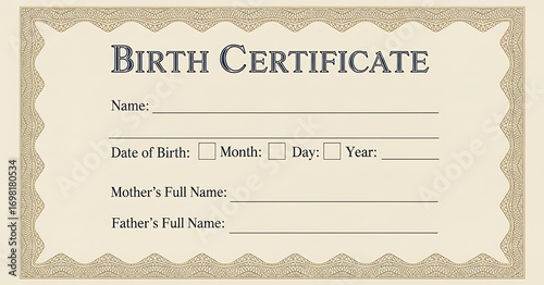 Official birth certificate template document with decorative border and fields for information
