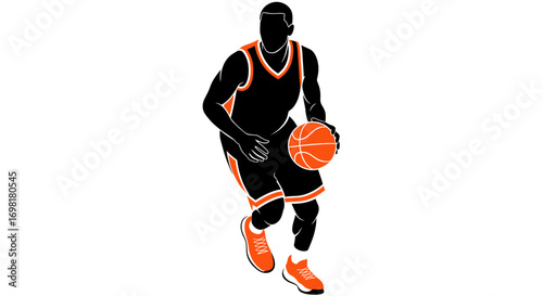 Dynamic vector illustration of a basketball player in a black and orange uniform dribbling, showcasing athletic movement and sports competition concept