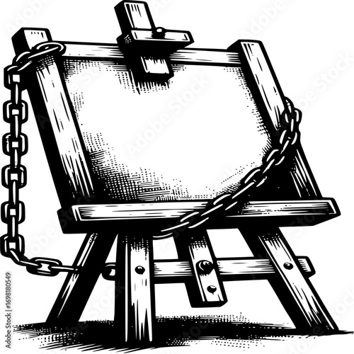 Censored Art: A black and white line art depiction of an artist's easel bound by a chain. The artwork evokes themes of suppression, censorship and freedom of expression.