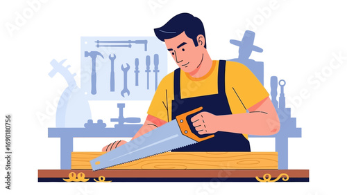 Craftsman in the Workshop: A skilled craftsman expertly cuts through a piece of wood with precision in his workshop, embodying the essence of craftsmanship and creativity.