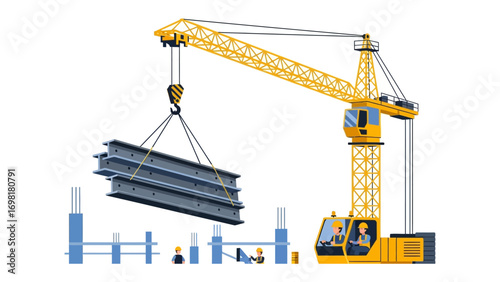 Construction Crane at Work: A vibrant illustration captures the bustling activity on a construction site, where a towering crane diligently lifts heavy beams. 
