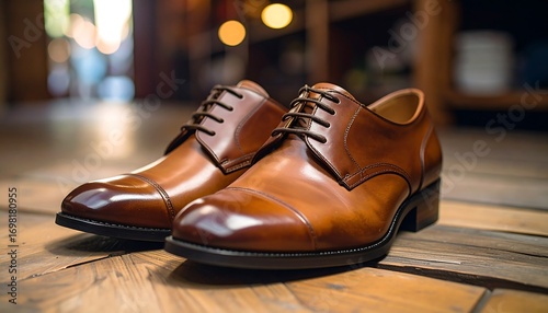 Polished brown leather dress shoes on wooden floor