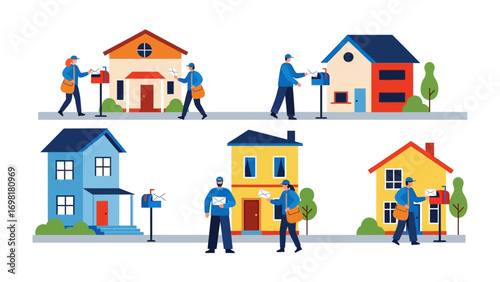 Delivery Route: A visual story of efficient mail delivery, where postal workers traverse through a neighborhood. With focus on residential houses and mailboxes.