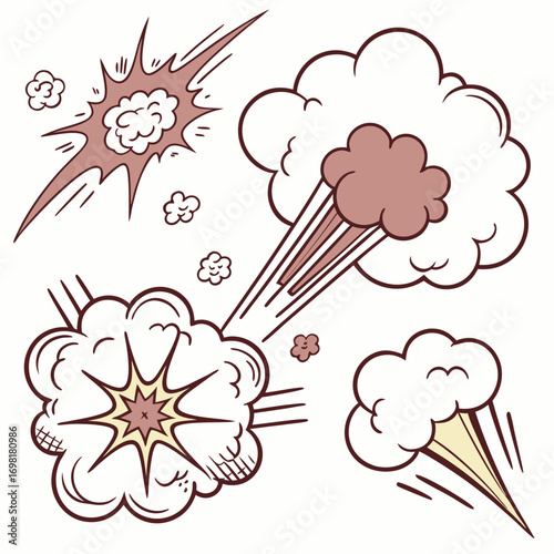 Comic smoke or dust clouds of speed motion, explosion or steam puff. Effects of cigarette fume, burst, bomb explode and speed trail, vector cartoon set isolated on background See Less