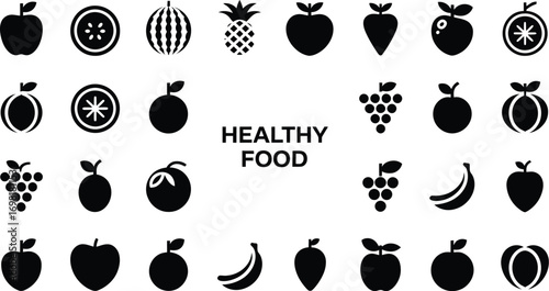 Collection of healthy food icons representing fruits and vegetables
