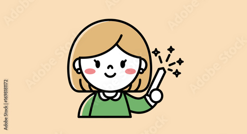 Charming illustration of a smiling girl holding a magic wand, symbolizing a creative spark, new idea, or inspiration