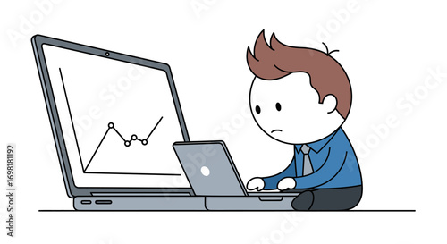 Cartoon businessman character intently analyzing a financial growth chart on a giant laptop, focused on data and statistics