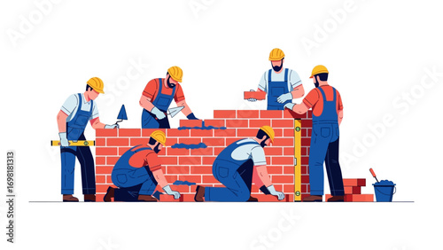 Constructing Progress: A team of diligent builders collaboratively erects a brick wall, showcasing the essence of construction. Highlighting teamwork, expertise, and precision in the building process.