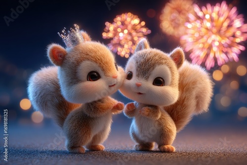 Cute Animated Squirrels Watching Fireworks At Night