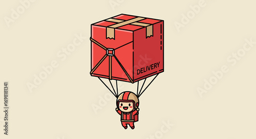 A friendly courier skydiving with a parcel, symbolizing the future of rapid e-commerce delivery and innovative global transportation methods