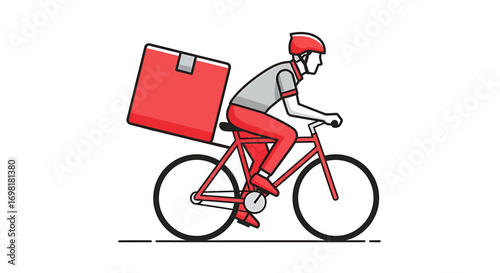 Vector illustration of a bicycle courier with a large red delivery box, representing fast urban shipping and eco-friendly transport service