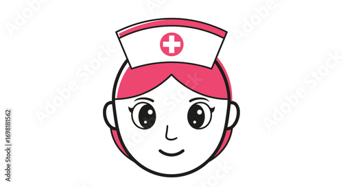 Friendly cartoon nurse head icon with pink hair and a cap, a professional avatar symbolizing medical care and healthcare services