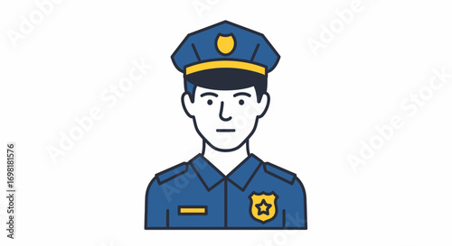 Male police officer character portrait icon. A simple flat vector graphic symbolizing security, authority, and professional public service