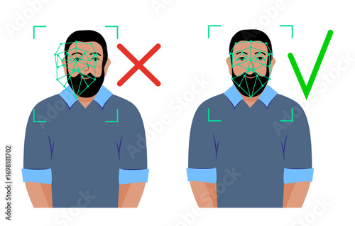 Verification ID is right vs wrong of Verification ID using system of face recognition and personal ID. The concept is take a photo by holding their own ID to get verified. Vector illustration.
