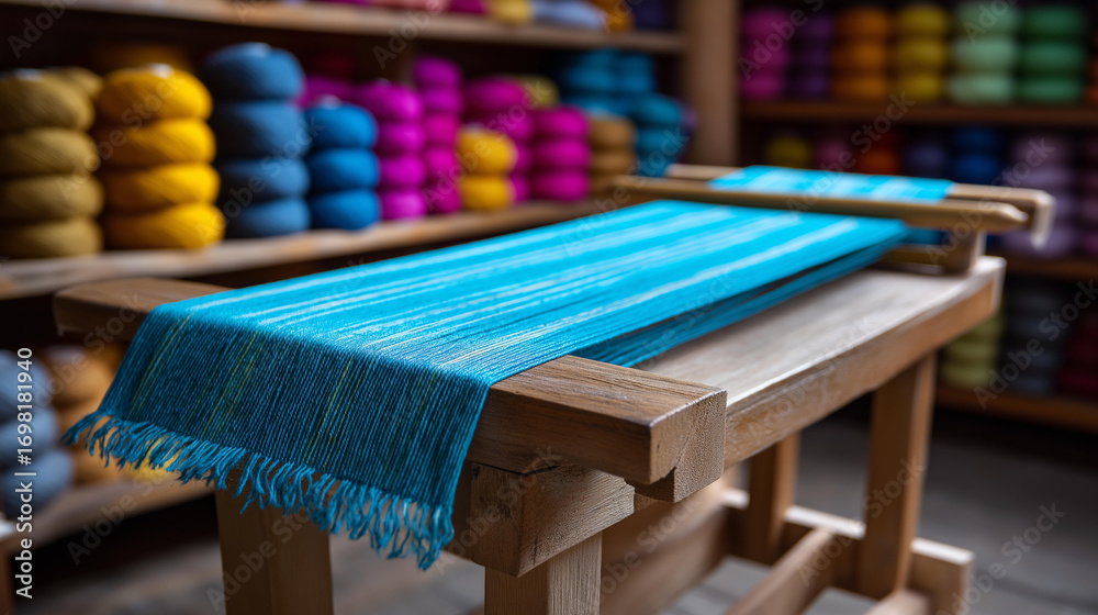 Naklejka premium Unfinished abstract rug on a wooden frame turquoise yarn weaving through surrounded by shelves of colorful skeins unfinished textile art carpet workshop creative crafting art