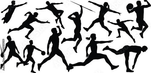 Athlete silhouette vector, running, jumping, throwing, fitness action, track and field poses, dynamic sportsman illustration, Olympic training concept