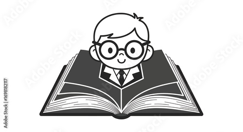 Bookworm Cartoon A Charming Design of a Boy with Glasses Behind an Open Book