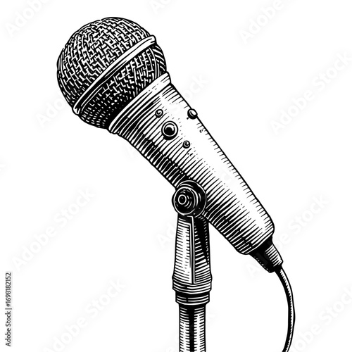 Vintage microphone on stand in a woodblock style, black and white