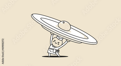 Chef balancing a plate with an egg on it, a fun cartoon illustration, a comical scene