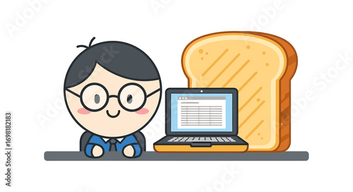 Charming illustration of a cheerful person with glasses, focused on their laptop with a comforting slice of breakfast toast, symbolizing a productive and cozy morning routine