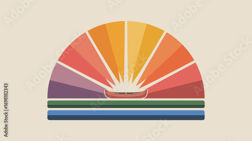 Stylized image of a canoe on water under a colorful sunburst design with a retro aesthetic look