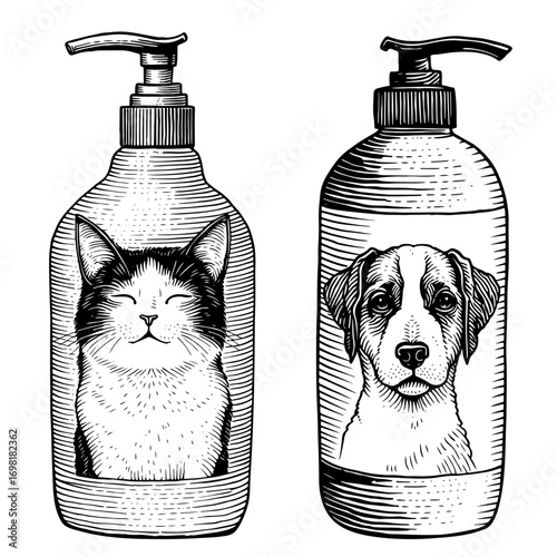 Vintage woodcut style pet shampoo bottles in black and white for animal grooming and hygiene products.