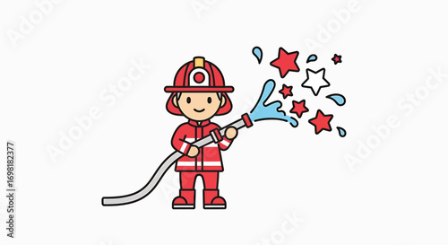 Firefighter's Festive Splash A Playful Illustration of a Firefighter Spraying Water with Stars