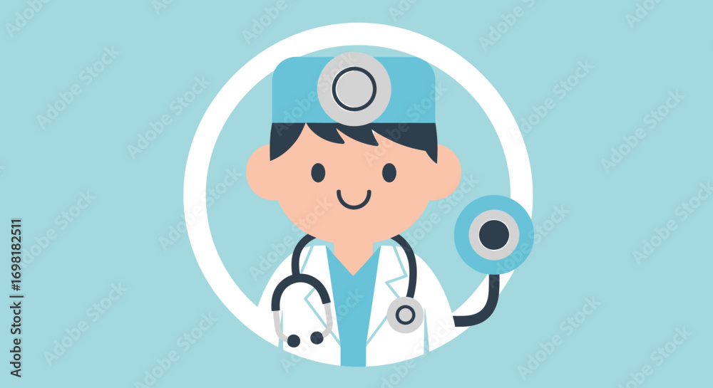 Naklejka premium A charming cartoon illustration of a doctor with a stethoscope and head mirror, representing healthcare and medical professionals