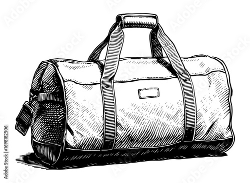 Cylindrical duffel bag in woodcut style, black and white