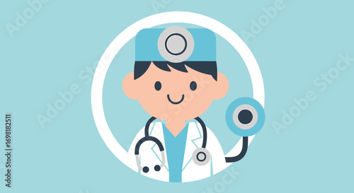 A charming cartoon illustration of a doctor with a stethoscope and head mirror, representing healthcare and medical professionals