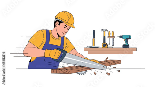 Craftsman at Work: A skilled craftsman expertly uses a handsaw, focused on shaping a piece of wood, surrounded by essential tools of the trade.