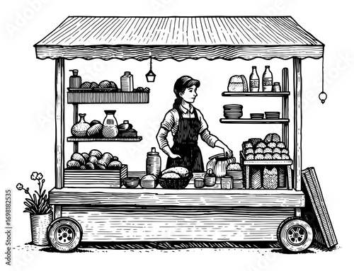 Market vendor at mobile market stall depicting local business in woodcut style
