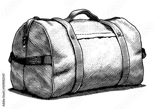 Vintage duffle bag in woodblock style, black and white