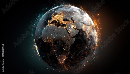 A digital representation of the Earth, showcasing global interconnectedness through glowing network lines and city lights.