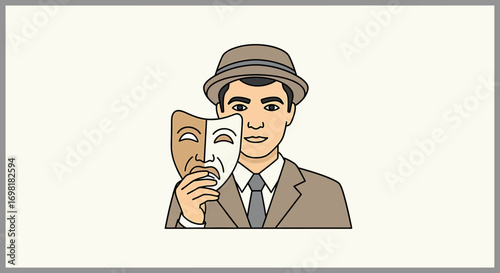 Man wearing a hat and suit holding a smiling theatrical mask, representing duality of personality and emotions