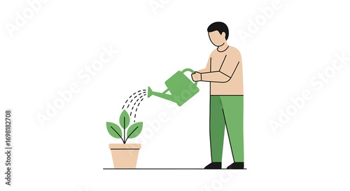 Nurturing Growth A Man Watering a Plant, Symbolizing Care and Development in a Flat Design
