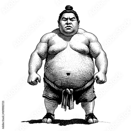 Sumo wrestler standing in a woodcut style