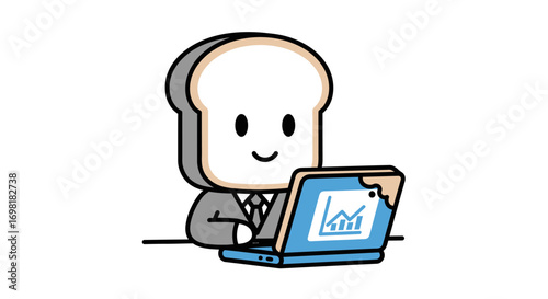 Cartoon bread character in a suit working on a laptop with a business graph displayed on the screen