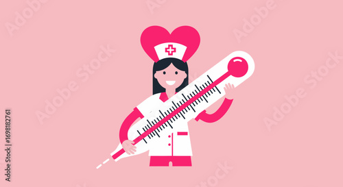 Friendly cartoon nurse in a medical uniform, holding a large thermometer, symbolizing healthcare, patient well-being, and professional medical support