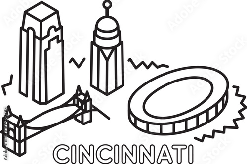 Cincinnati Skyline Outline Vector Illustration with City Name on Transparent Backdrop