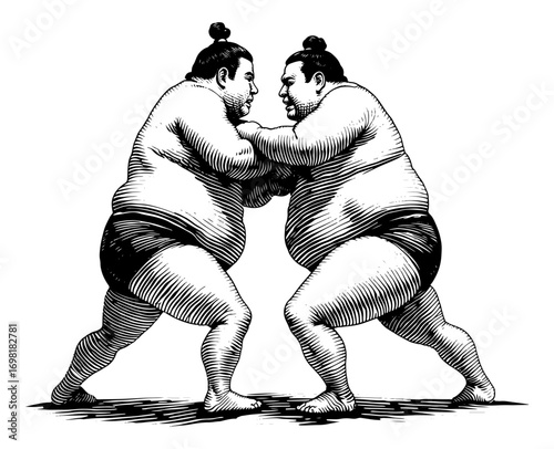 Two sumo wrestlers wrestling in black and white engraved style