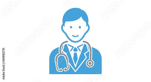 Icon of a doctor in a blue suit and tie, wearing a stethoscope around their neck, representing healthcare and medical professions