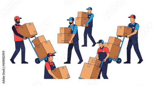 Delivery Team's Efforts: A dynamic group of delivery personnel work in harmony, efficiently moving various parcels, epitomizing the logistics and transport sector. 