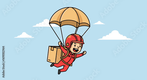 Fast Delivery Service with a Smiling Person Parachuting with a Package