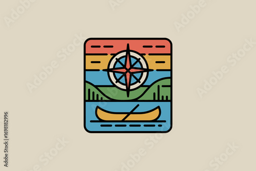 Illustration of a compass over a lake with a canoe and mountains with a colorful sky design
