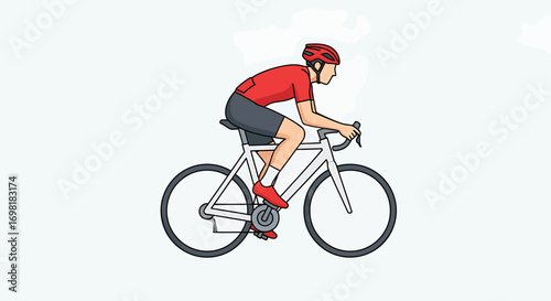 Side view illustration of a male athlete in red sportswear and a helmet cycling on a modern road bike against a white background