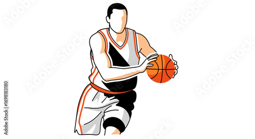 Vector illustration of a male basketball player in mid-action, expertly dribbling the ball, embodying the spirit of athletic performance and competitive sport