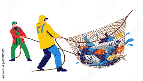 Catch of the Day: Two figures, unified in their effort, pull a fishing net laden with a vibrant assortment of aquatic life, symbolizing abundance and the rewards of hard work.